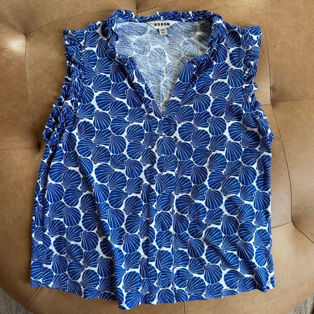 Boden Shell Print Ruffle Tank Top Cotton Tencel Classic Coastal Blue Women 12